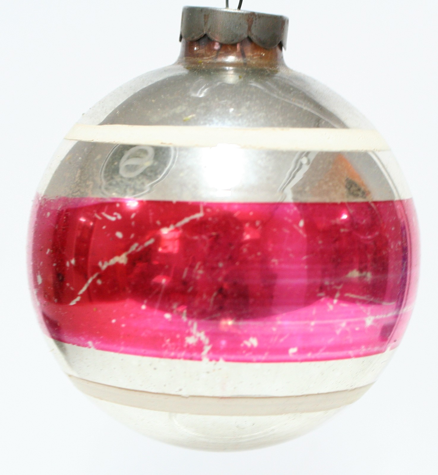 Vintage Silver Striped Hand Blown Glass Ball Christmas Ornament