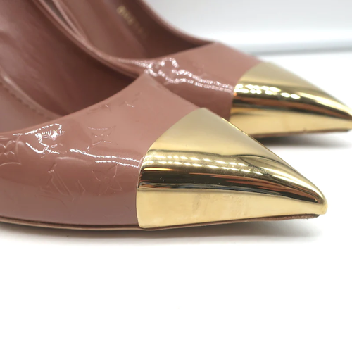 Louis Vuitton Allamanda Gold Cap Toe Pumps Rose Monogram Vernis Size 37.5 - Picture 2 of 12