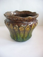 Antique Weller Pottery Majolica Jardiniere Green Brown Scalloped Rim 7 1/2"