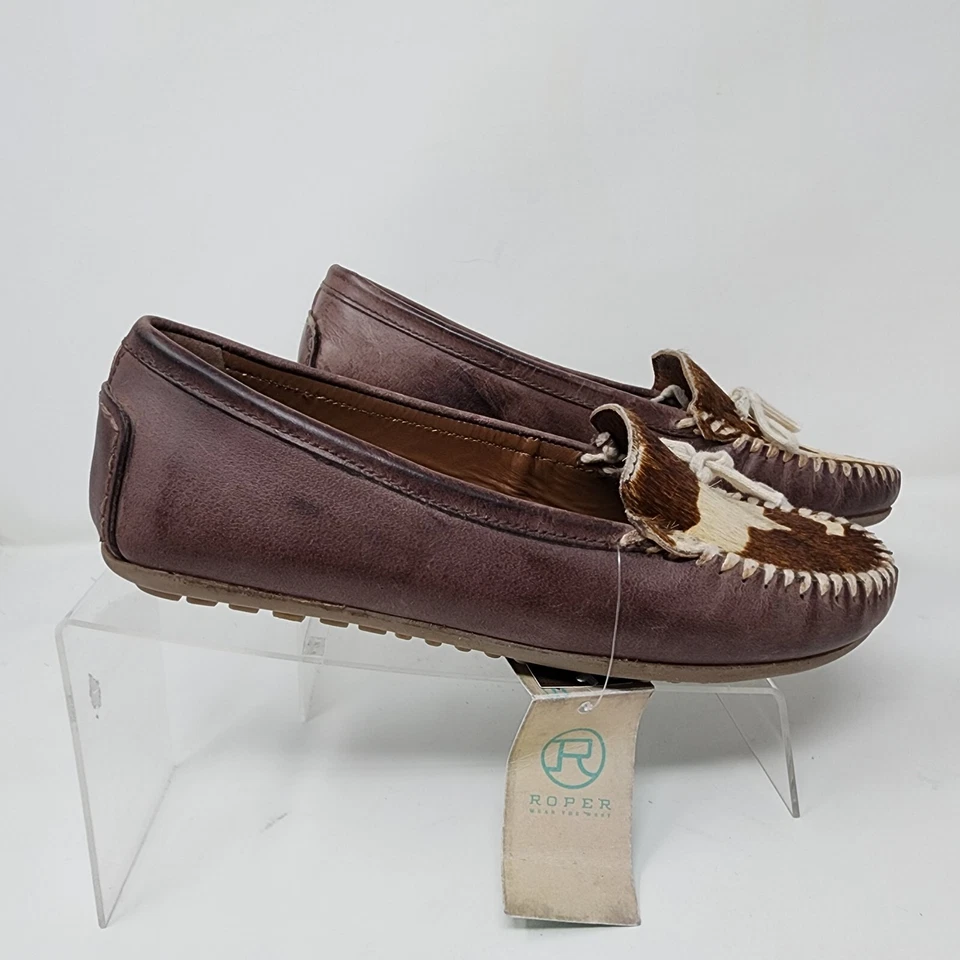 Mocassins femininos Roper 6 marrom estampa de vaca lírio sapatos de couro de vaqueira ocidental - Imagem 3 de 4