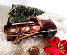 Christmas Ornament GLASS SUBURBAN CAR Brown w/ Snowy Tree LEATHER HANGER 5"