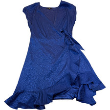 Tiana B Women Sz 12 Blue Silky Leopard Ruffle Wrap Dress Sexy & Sophisticated