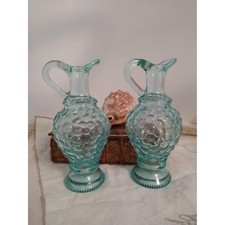 Vintage Verdetrusco Aqua Glass Cruets | Italian Oil & Vinegar Bottles