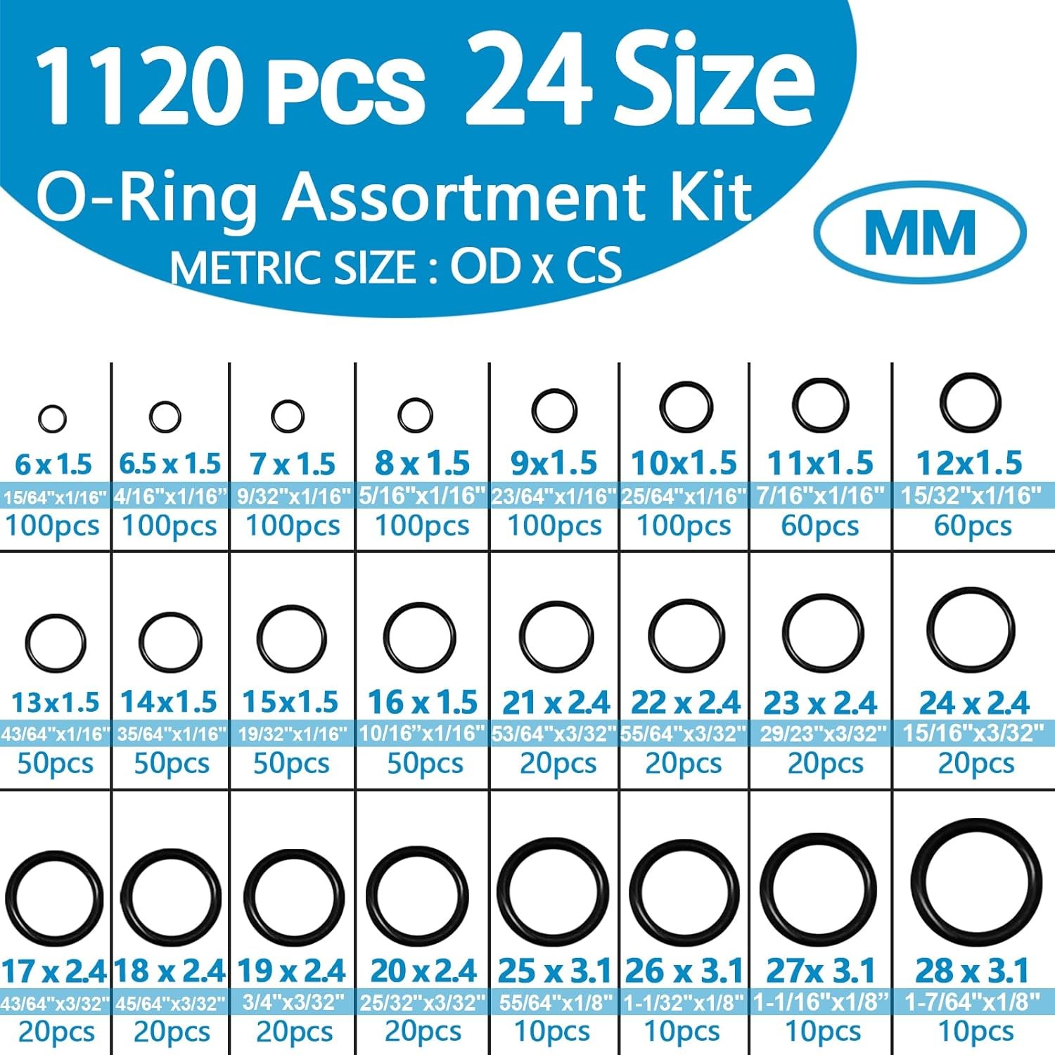 24 Size Rubber O Ring Set,1120 Pcs Black Small O Rings Assortment 