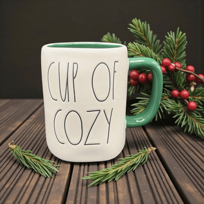 Rae Dunn Cup of Cozy  Mug Green Interior Raised Hot Coco on Back