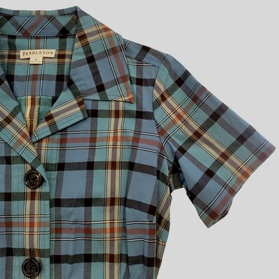 Pendleton Womens Blue Plaid Button-Down Shirt Dress With Belt 6 Cotton Classic