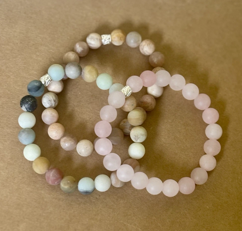 Juego de 3 Pulseras con Cuentas Cuarzo Amor, Piedra Solar Positividad Amazonita Armonía Foto 4 de 4