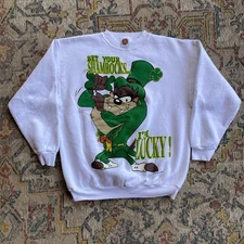 Vintage 1997 Warner Bros Taz I'm Lucky St. Patricks Pullover Crew Size Large 90s