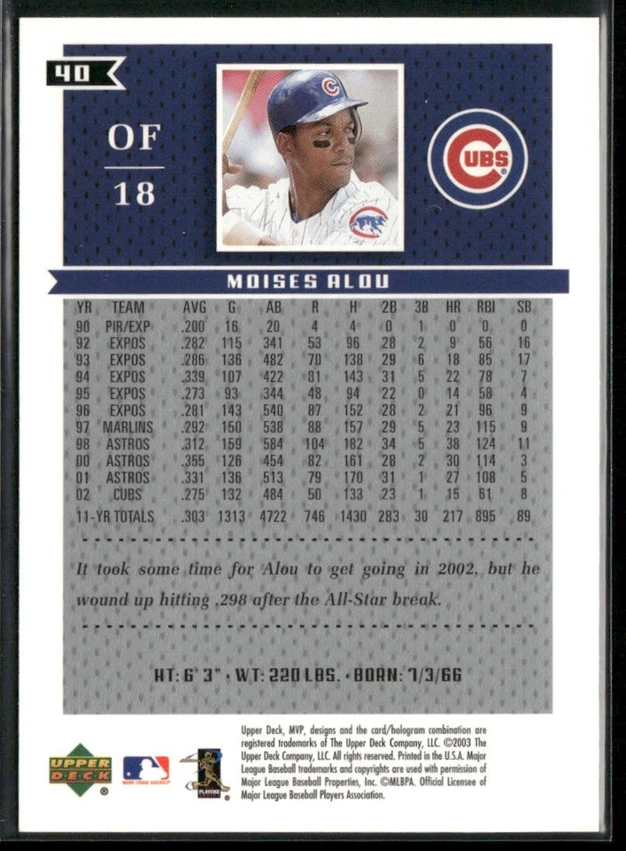 Moises Alou 2003 Upper Deck MVP #40 Chicago Cubs - Image 2 of 2