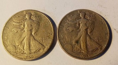 1936D WALKING LIBERTY HALF DOLLAR DOUBLE DATE ERROR DDO 003 2 COINS VF XF
