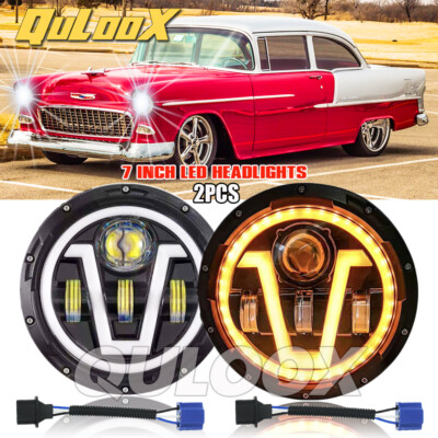 2PCS 7'' Inch Round LED Headlight Halo Angel Eyes DRL For Chevy Bel Air 1955-1957