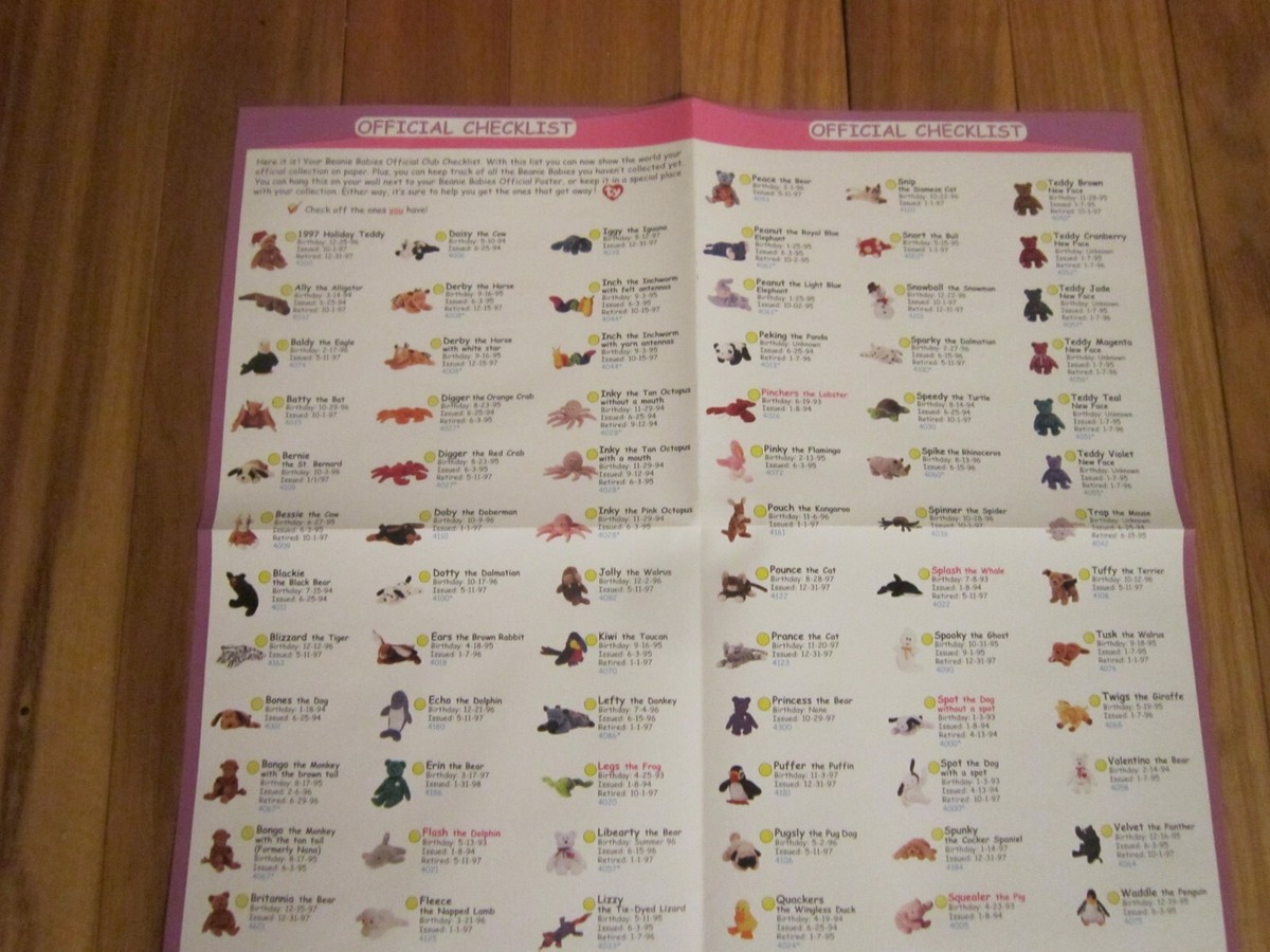 TY Beanie Babies Official membership club checklist wall