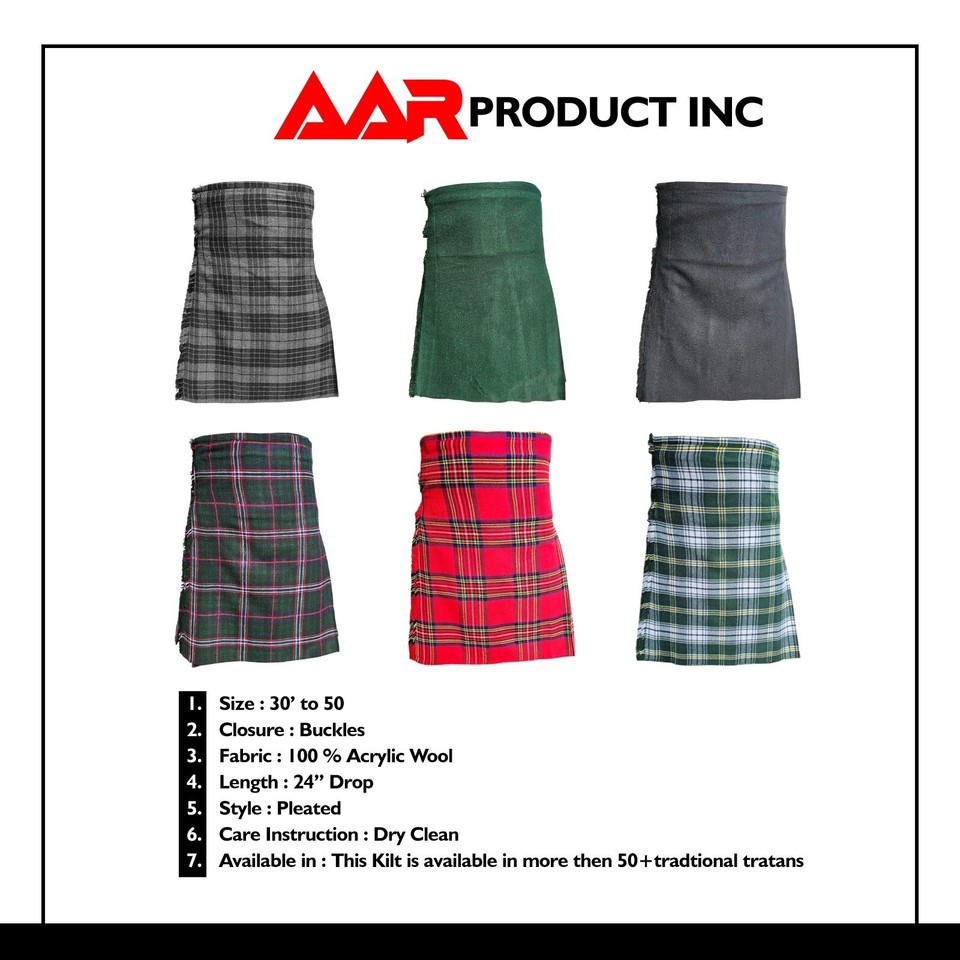 Men's Scottish Tartan Kilt - 13oz Poly-Viscose, Traditional Pleated Design, Adjustable Leather Straps, Multiple Sizes & Tartans