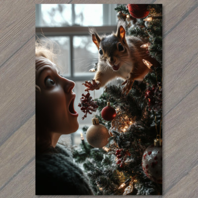 FLATCARD  Squirrel Jump Scare Christmas Tree Hilarious Festive Holiday Winter