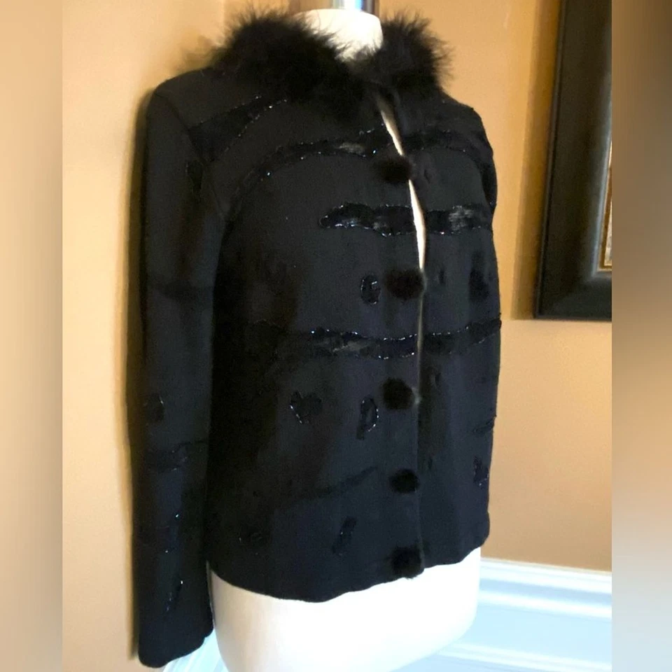 Berek Vintange Sequin Lace Mesh Inset Fur Collar Sweater M - Image 3 of 4