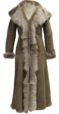 Ladies Brown Full Length Sheepskin Coat Hooded Toscana Shearling Merino Leather