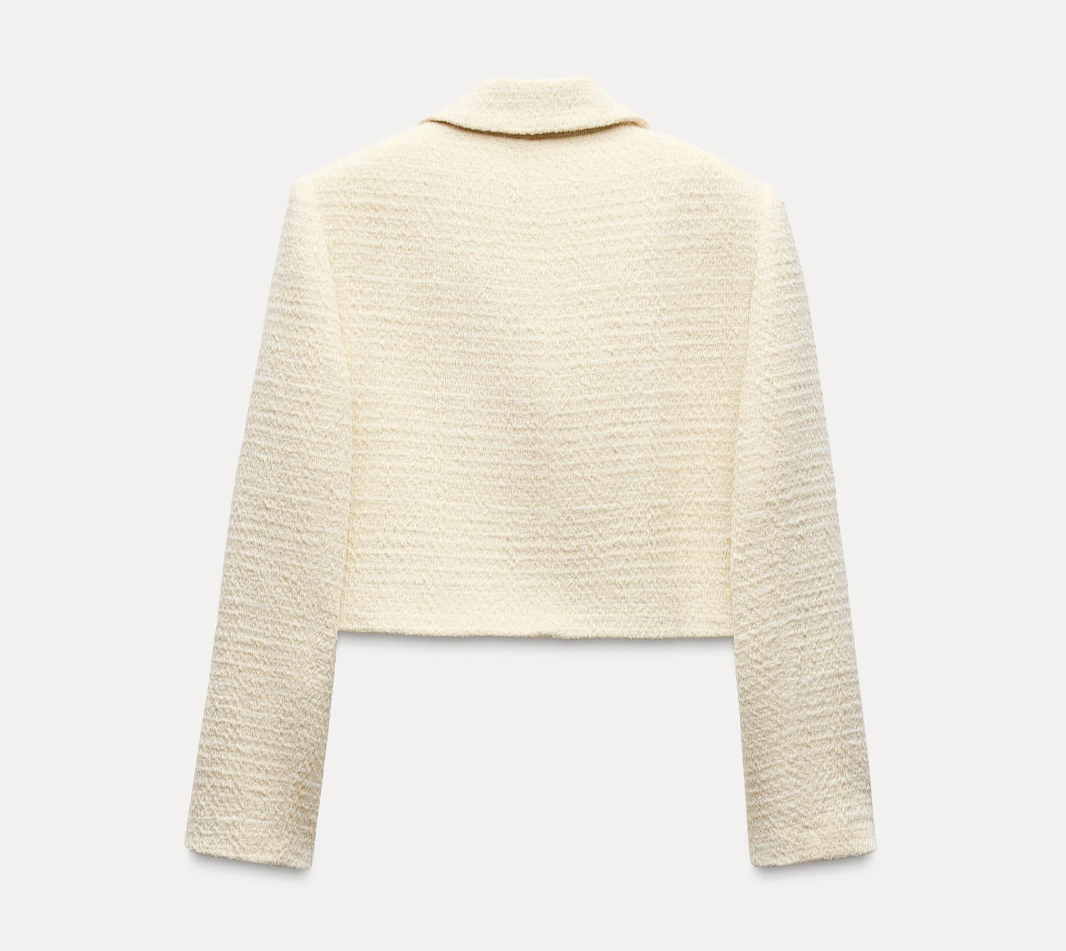 Zara Short Textured Tweed Jacket With Bow Button Ecru White