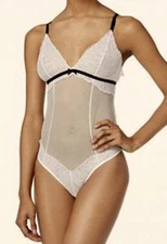 MAIDENFORM Super Sexy Unlined Mesh Lace Ivory Black Teddy NEW Womens Sz L