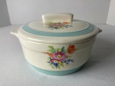 Knowles Utility Ware 8" Casserole with Duck Egg Blue Trim and Floral Pattern
