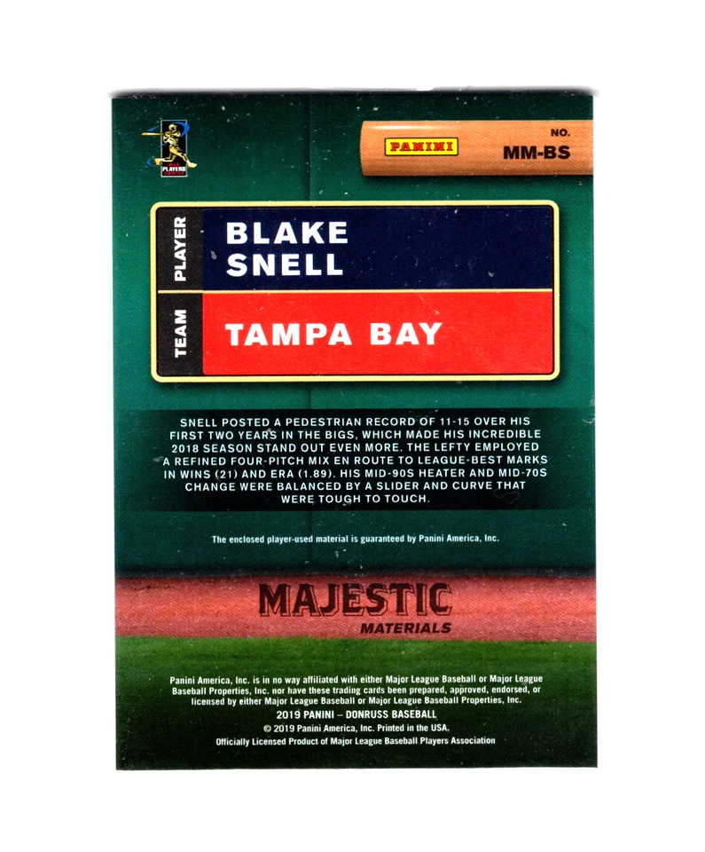 2019 Panini Donruss Majestic Materials Blake Snell #MM-BS Tampa Bay Rays - Image 2 of 2