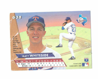 Matt Whiteside Texas Rangers Pitcher #638 Fleer 1993 #Baseball