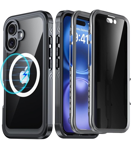 Iphone 16 6.1 Case W Heavy Tempered Glass Privacy Screen MagSafe Black Sealed