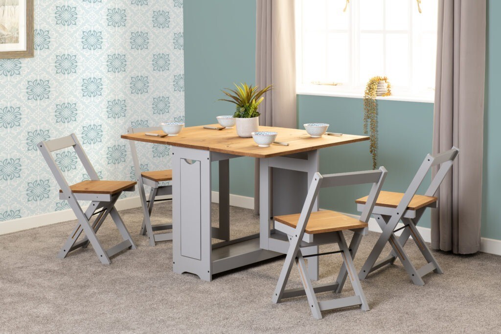 Seconique Santos Butterfly Dining Set in Grey/Distressed Waxed Pine 35 Santos Folding Drop leaf Butterfly Dining Set Table 4 Chairs Grey Waxed Pine