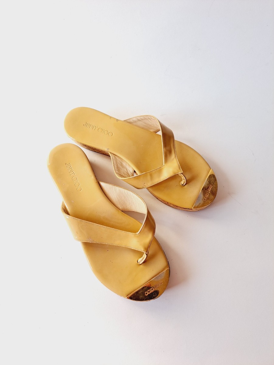 Jimmy Choo Women's Yellow Tan Sandals Flats Flip Flops Size 37 US