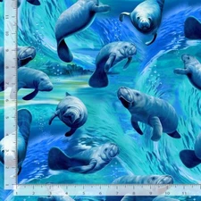 Animal Fabric | Nautical Deep Blue Sea Manatee | Timeless Treasures YARD