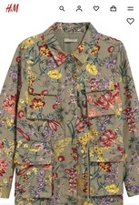H M Patterned Utility Jacket Size 4 Small Khaki Green Floral Cargo