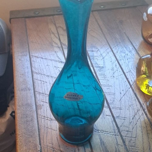 Blenko Blue Hand Blown Glass Vase Glossy Finish Decorative Handmade