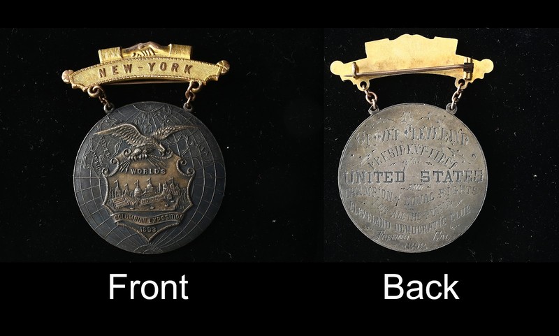 Rare NY World's Columbian Expo 1893 badge pin Pres Grover Cleveland inscription
