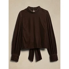Banana Republic Cropped Velvet Long Sleeve Blouse Mock Neck XL Brown Neutral