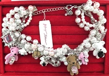New NWT Betsey Johnson Teddy Girl Drama Pink Snow Bear Charm Necklace Pearl Rare