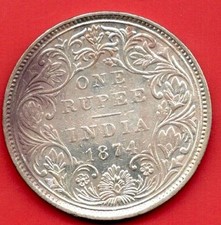 India British QV Victoria Silver 1 ( One ) Rupee 1874 Circulated Lot#b2114