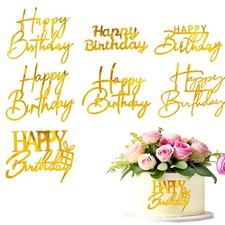 8 PCS Golden Happy Birthday Cake Topper Acrylic Mirror Decoration Anniversary