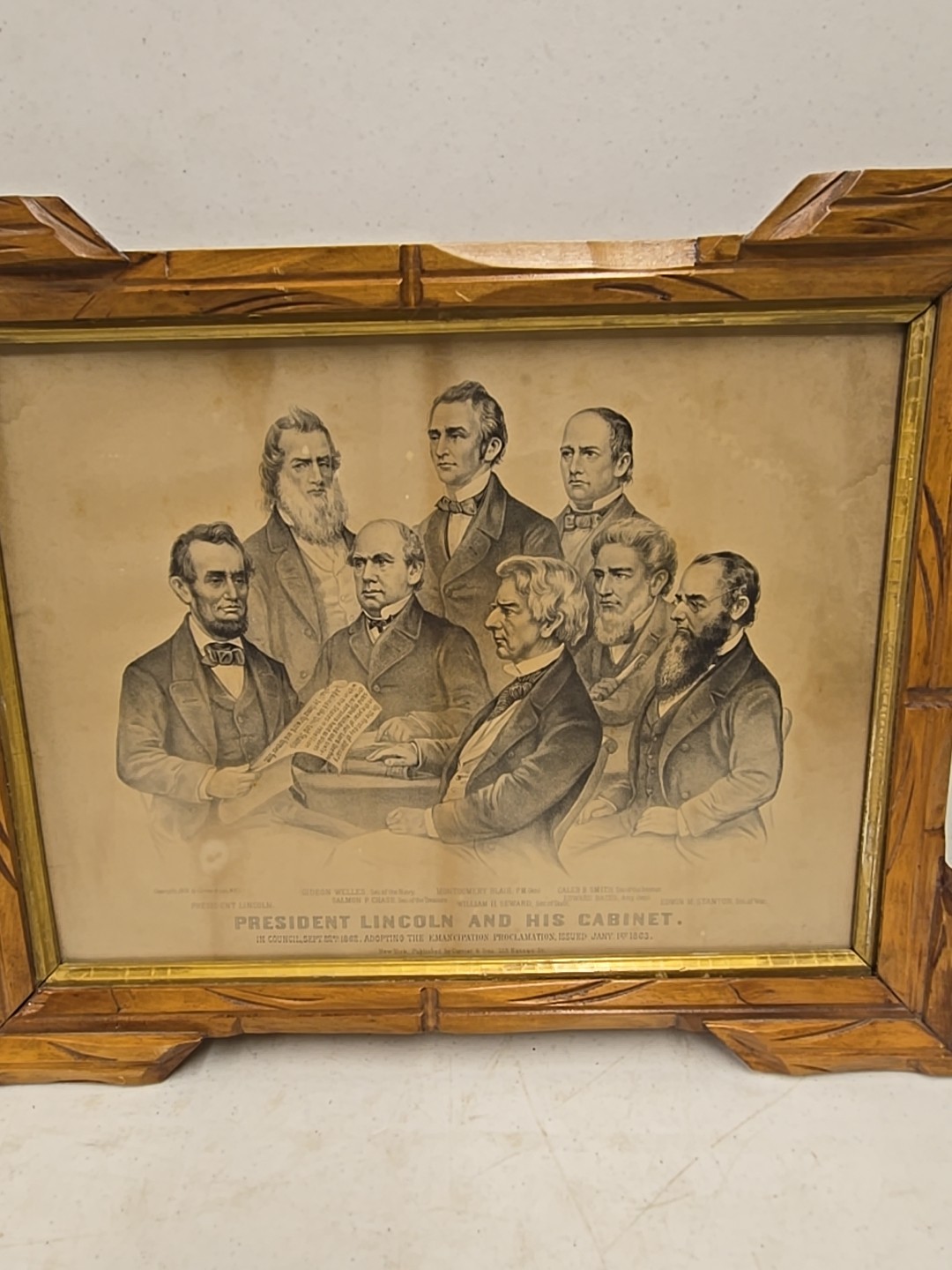 Antique 1876 President Lincoln & His Cabinet Framed Currier & Ives Etching Print