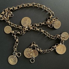 Vintage Chunky Gold Tone Chain Belt Coin Medallions Boho Hip Waist Low Slung