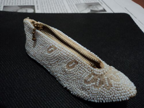Vintage White Beaded Slipper / Shoe Zippered Lips… - image 1