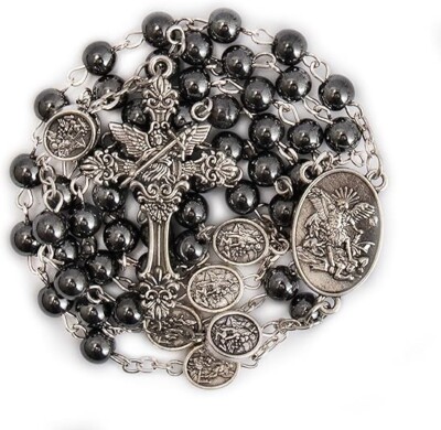 Silver St Michael Rosary Hematite Stone Beads Necklace Metal Beaded