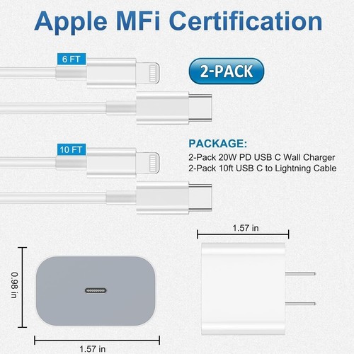 2-Pack Fast Charging USB-C iPhone Charger with 6FT & 10FT Cables Included - 第 8/10 張圖片