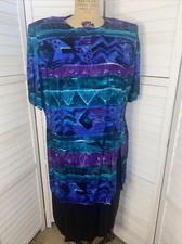 Vintage 80/90s K.C. Spencer Blue Purple Art Deco Print Rayon Dress 16