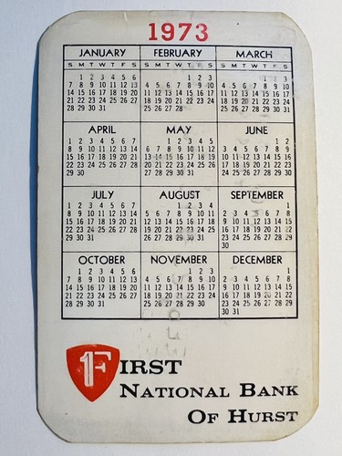 Hurst Texas Tx 1973 Calendar First National Bank Card Advertisement 