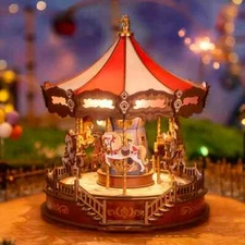 ROBOTIME 3D Wooden Puzzle Classic Carousel Music Box with Light Building Toy Kit