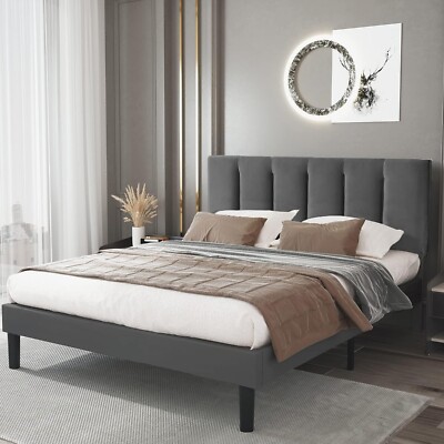 Twin Full Queen Size Upholstered Platform Bed Frame with Headboard Wooden Slat