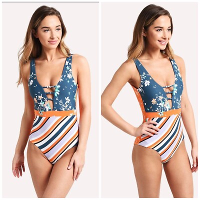 $165 Maaji Orange Reversible Emerald Sunsets One Piece Swimsuit Size LARGE