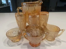 Jeanette Iris Herring Bone - Pitcher + Tumblers + Sugar & Creamer - Carnival
