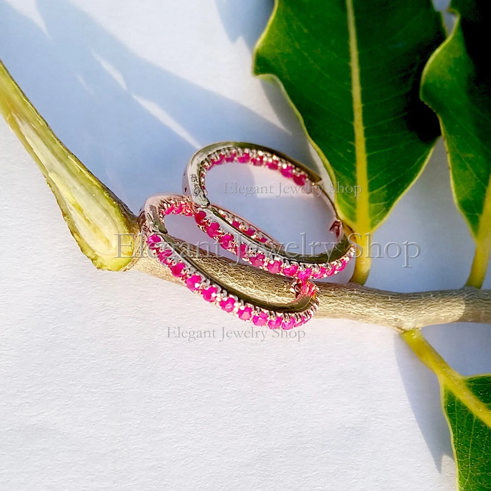 Genuine Ruby Hoop Earrings 14k Rose Gold Handmade Wedding Jewelry Gifts for Her - Image 3 of 4