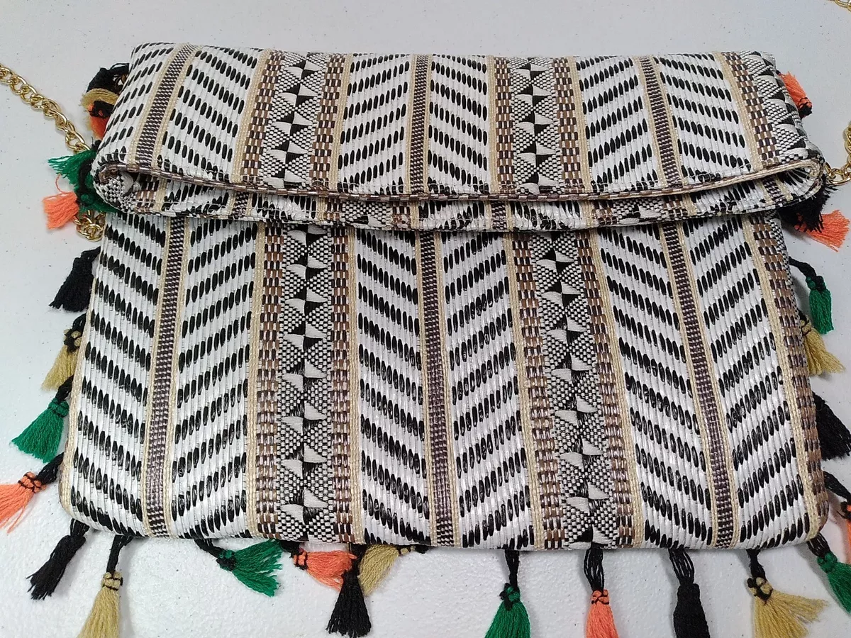 Sondra Roberts Squared Fringe BOHO Envelope Purse Woven Tassel