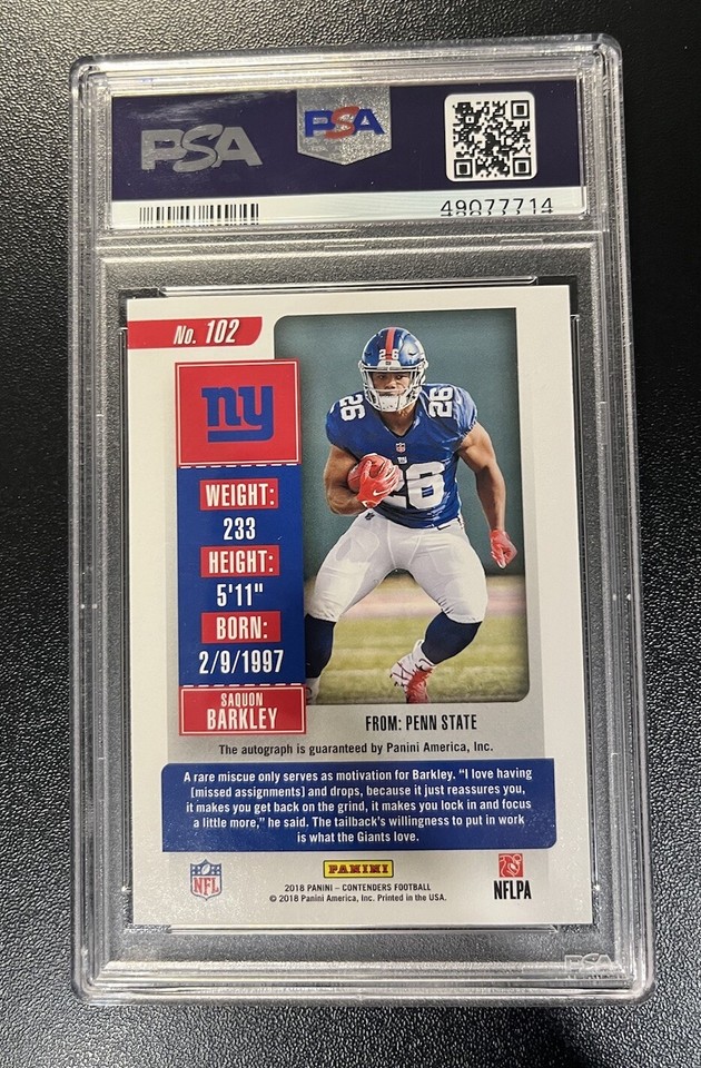 Saquon Barkley 2018 Contenders Rookie Ball In Right Hand Auto RC PSA 10 ...